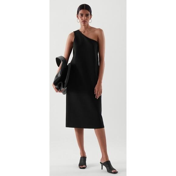 COS One Shoulder Dress SZ XS Cotton Blend Knee Length Modern Timeless Minimalist - Picture 1 of 12